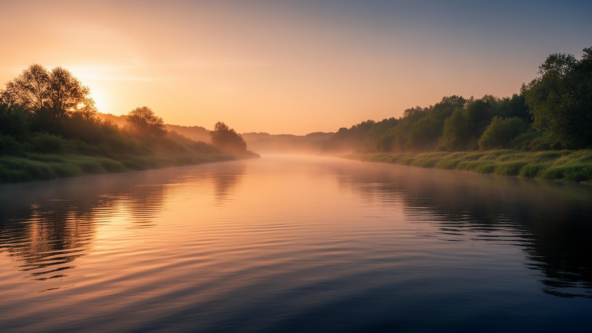 Misty inland waterway at sunrise
